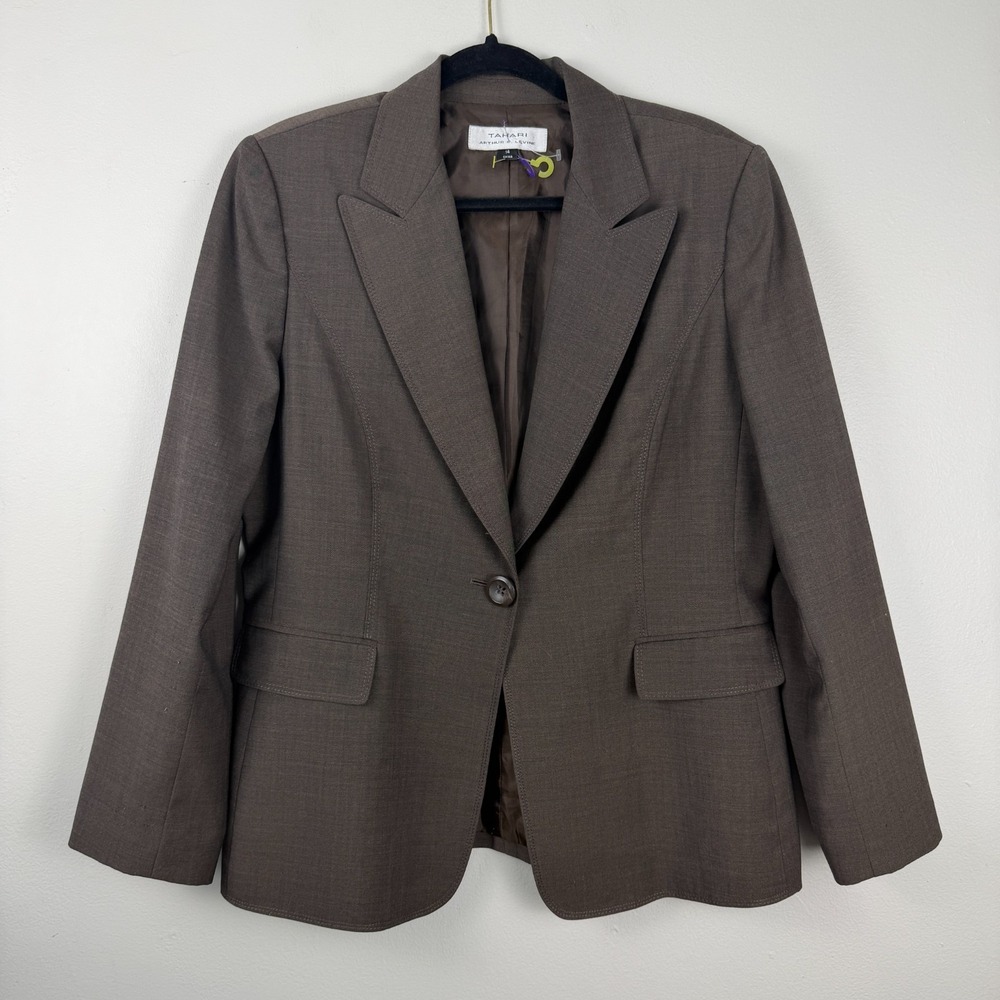 Tahari Arthur S. Levine Blazer Jacket Women's 14 Brown Classic Peak Lapel Career